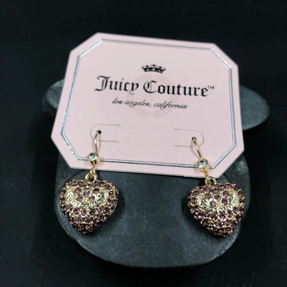Juicy Couture Gold Tone Pink Crystal Heart Earrings - Picture 12 of 13